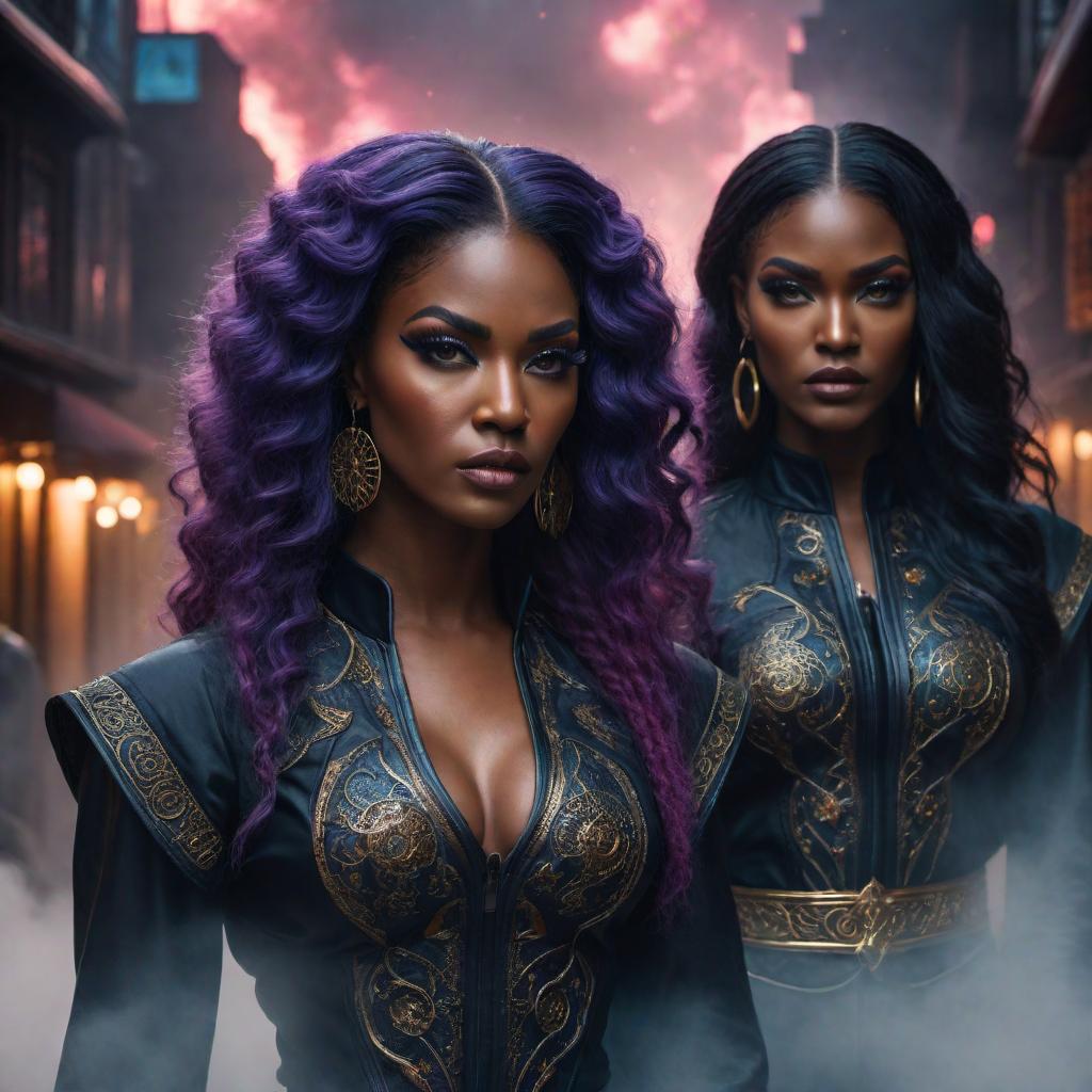  Angry black female twins in lofi fantasy style, Gemini zodiac, intense expressions, dark moody background, vibrant colors, celestial elements, intricate details. hyperrealistic, full body, detailed clothing, highly detailed, cinematic lighting, stunningly beautiful, intricate, sharp focus, f/1. 8, 85mm, (centered image composition), (professionally color graded), ((bright soft diffused light)), volumetric fog, trending on instagram, trending on tumblr, HDR 4K, 8K