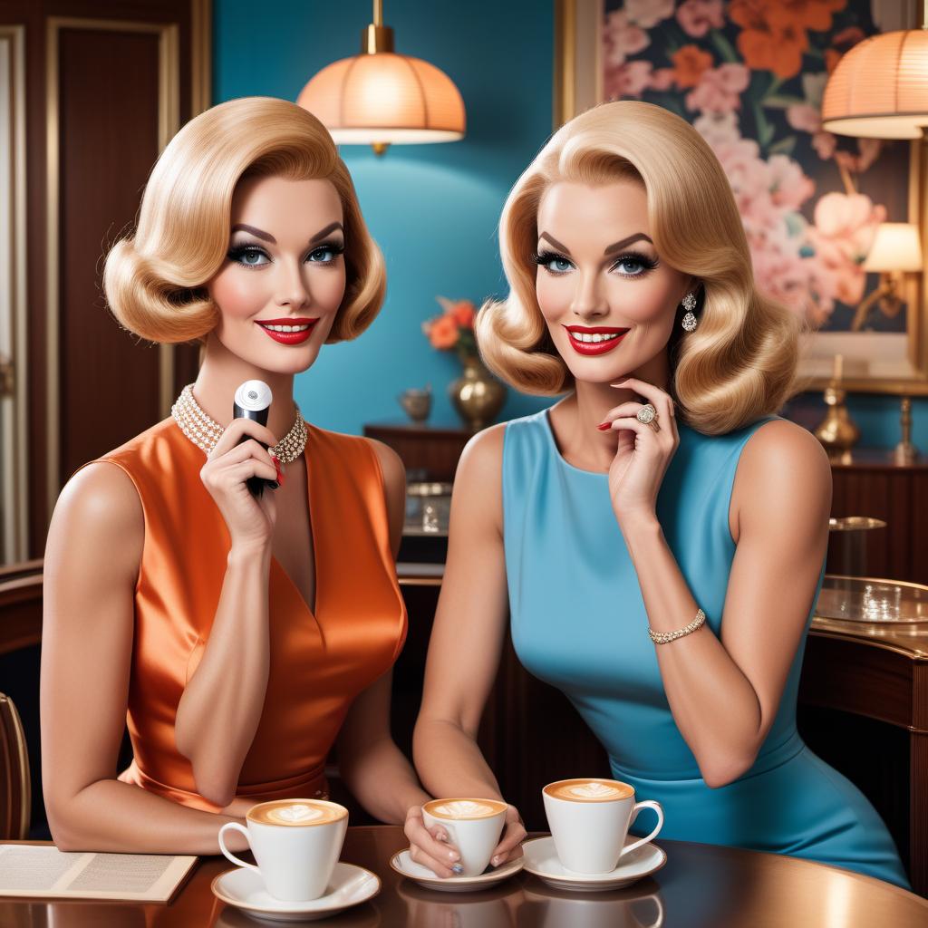  A glamorous vintage 60s cartoon-style podcast cover featuring two women in a beautiful, glamorous room. They are sitting at a table with a microphone and one or two espresso cups. One woman has blonde hair and blue eyes, with a chic bob hairstyle and wearing a stylish dress. The other woman has brown hair and brown eyes with distinct facial features and long wavy hair, wearing a retro outfit. The background includes elements of a glamorous room from the 60s, with elegant decor, luxurious furniture, and a warm, inviting atmosphere. The women are having fun, laughing, and talking. The overall style is bright, colorful, and nostalgic with a 60s cartoon drawing aesthetic. hyperrealistic, full body, detailed clothing, highly detailed, cinematic lighting, stunningly beautiful, intricate, sharp focus, f/1. 8, 85mm, (centered image composition), (professionally color graded), ((bright soft diffused light)), volumetric fog, trending on instagram, trending on tumblr, HDR 4K, 8K