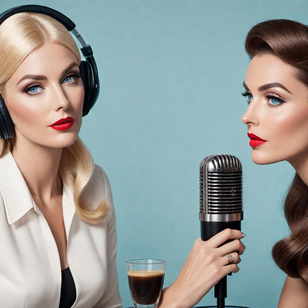  A podcast cover with a vintage cartoon 60s look, featuring two women based in Palm Beach, Florida. They are sitting at a table with microphones and espresso. One woman has blonde hair and blue eyes, and the other has brown hair and brown eyes. The scene should be vibrant and inviting, styled to attract female listeners, aiming to be the number one podcast on Apple and Spotify. hyperrealistic, full body, detailed clothing, highly detailed, cinematic lighting, stunningly beautiful, intricate, sharp focus, f/1. 8, 85mm, (centered image composition), (professionally color graded), ((bright soft diffused light)), volumetric fog, trending on instagram, trending on tumblr, HDR 4K, 8K