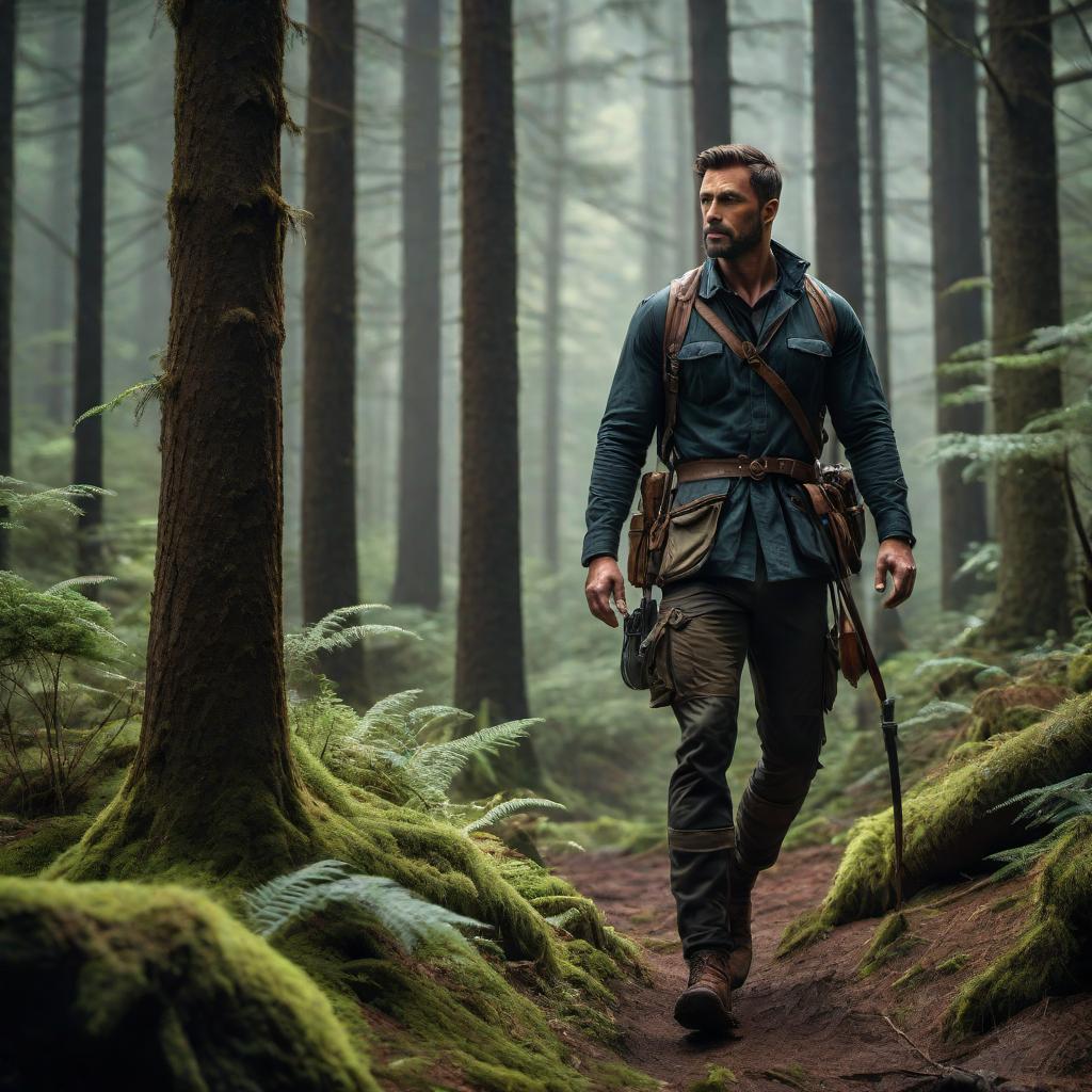  a trendy rustic photo of a male in the dark forest, completing a hard physical task. The male is rugged and determined, with intense focus on his task. He is surrounded by thick trees and a dense canopy, with minimal light piercing through. The atmosphere is moody and mysterious, conveying a sense of solitude and the challenge of nature. hyperrealistic, full body, detailed clothing, highly detailed, cinematic lighting, stunningly beautiful, intricate, sharp focus, f/1. 8, 85mm, (centered image composition), (professionally color graded), ((bright soft diffused light)), volumetric fog, trending on instagram, trending on tumblr, HDR 4K, 8K