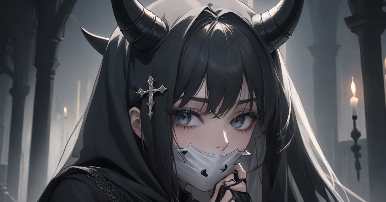  Create a black and white illustration of a girl in a Gothic religious style, paying special attention to the demon Hannya's mask placed behind her. The girl's face should express deep despair and pain from experienced betrayal. Her eyes are closed, and there are black tears flowing from them, emphasizing the tragic and sorrowful expression on her face. Her lips are pressed tightly, suggesting sadness and hopelessness, increasing the overall feeling of despair. On the girl's head should be a black scarf or veil that covers her hair and neck, giving the image a mystical and religious appearance. On her forehead should be a small black star, and on the scarf itself, right in the middle of her forehead, a large black cross. Around her neck, th hyperrealistic, full body, detailed clothing, highly detailed, cinematic lighting, stunningly beautiful, intricate, sharp focus, f/1. 8, 85mm, (centered image composition), (professionally color graded), ((bright soft diffused light)), volumetric fog, trending on instagram, trending on tumblr, HDR 4K, 8K