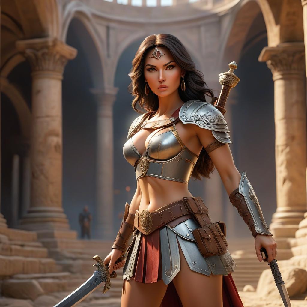  A with an AK 47 in the centre of the Coliseum, gladiators are fighting around her, her is shorter than white, and the sword is longer and shines brightly. hyperrealistic, full body, detailed clothing, highly detailed, cinematic lighting, stunningly beautiful, intricate, sharp focus, f/1. 8, 85mm, (centered image composition), (professionally color graded), ((bright soft diffused light)), volumetric fog, trending on instagram, trending on tumblr, HDR 4K, 8K