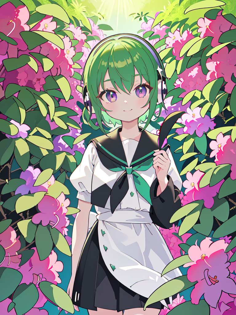  masterpiece,one woman,summer black sailor suit,cute,delicate green hair color,glossy hair color,short hair,headphones,purple eye color,very smile,{{{satsuki azalea(Rhododendron indicum)}}},natural light,warm sunlight,high resolution,high quality,8K, masterpiece, best quality,8k,ultra detailed,high resolution,an extremely delicate and beautiful,hyper detail