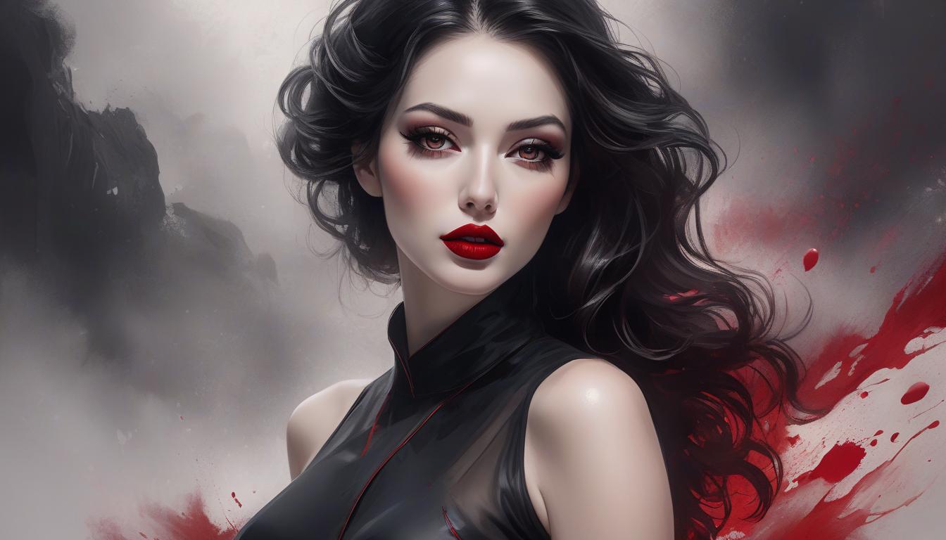  concept art A monochrome painting of a woman with striking red lips and splashes of red, conveying intense emotions. A stylized digital portrait of a woman with pale skin, dark wavy hair, and striking red lips. The background is a smoky blend of dark tones with splashes of red. She has a solemn expression, with dark eye makeup and lightly flushed cheeks, and is wearing a black strap top. The overall artistic style gives a dramatic and intense atmosphere. . digital artwork, illustrative, painterly, matte painting, highly detailed hyperrealistic, full body, detailed clothing, highly detailed, cinematic lighting, stunningly beautiful, intricate, sharp focus, f/1. 8, 85mm, (centered image composition), (professionally color graded), ((bright soft diffused light)), volumetric fog, trending on instagram, trending on tumblr, HDR 4K, 8K