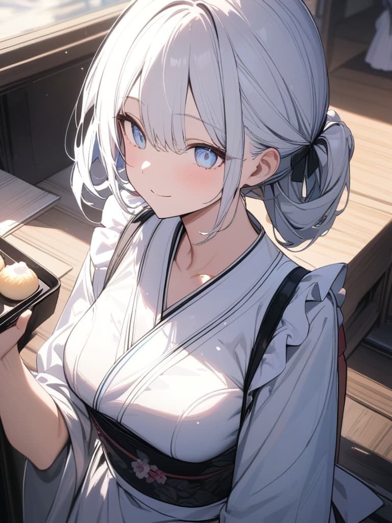  Japanese style maid, light blue eyes, white hair, back dumpling hair, gentle smile, maid clothes kimono, waiting, your husband, masterpiece, best quality,8k,ultra detailed,high resolution,an extremely delicate and beautiful,hyper detail