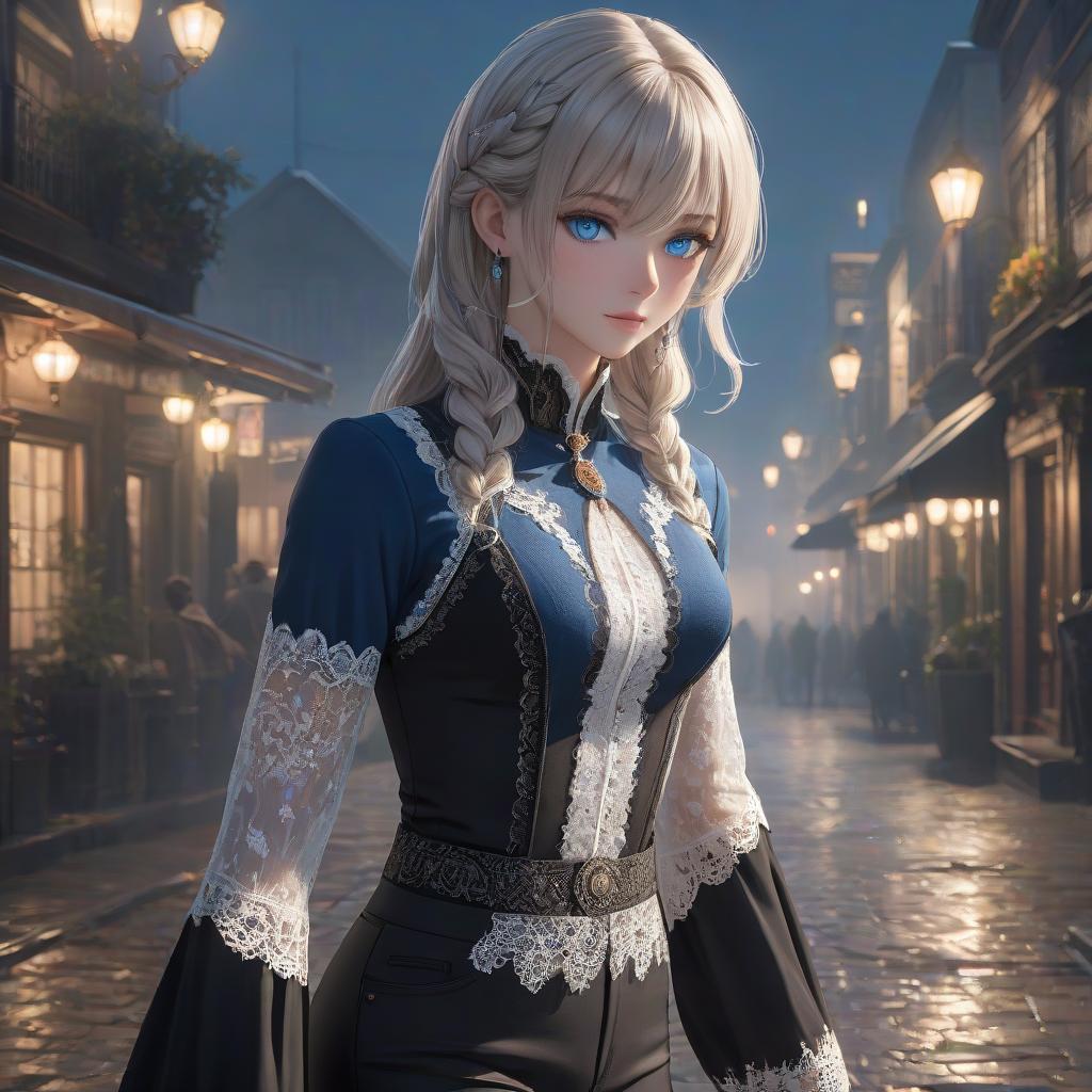  A has hair, blue eyes, a white lace , a medallion, and black pants. Nearby is a guy with hair, blue eyes, a white lace , a medallion, and black pants. hyperrealistic, full body, detailed clothing, highly detailed, cinematic lighting, stunningly beautiful, intricate, sharp focus, f/1. 8, 85mm, (centered image composition), (professionally color graded), ((bright soft diffused light)), volumetric fog, trending on instagram, trending on tumblr, HDR 4K, 8K