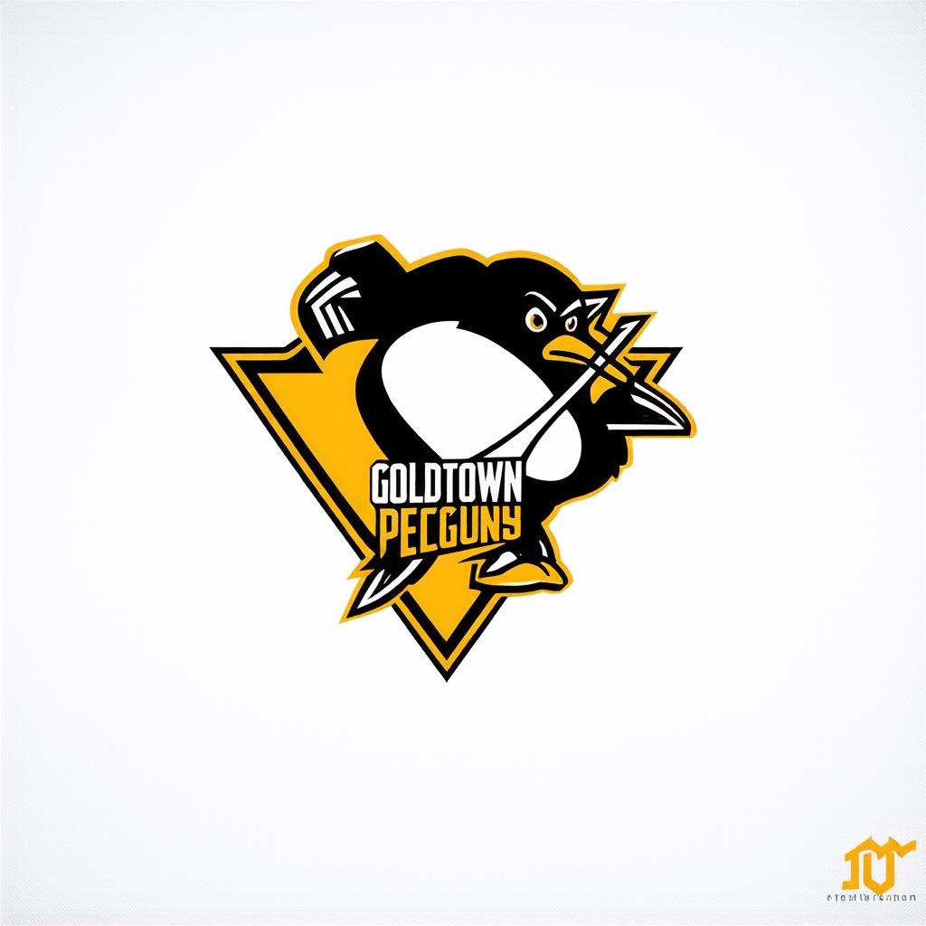  A logo for a basketball team called the "Goldtown Penguins". Two tone gold and black.