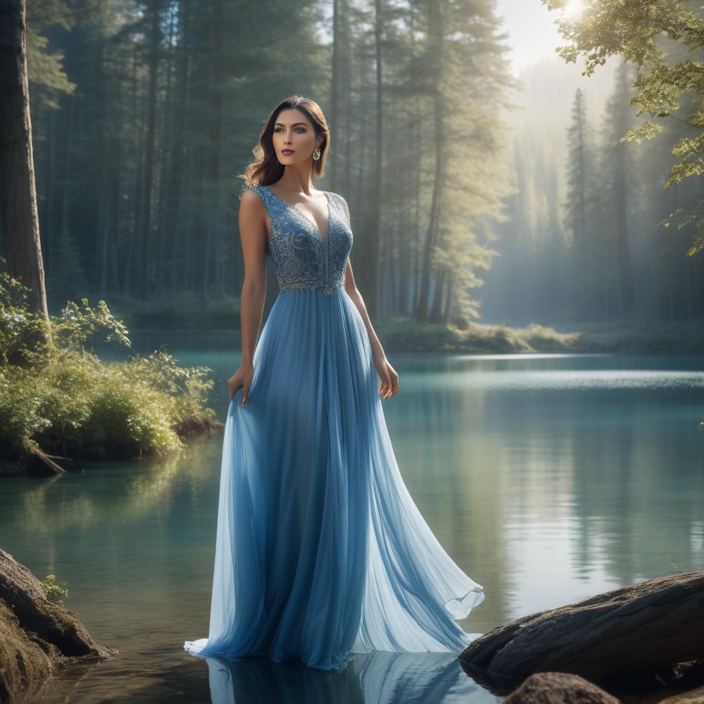  A woman in a blue dress stands by a serene lake surrounded by forest, with soft sunlight filtering through the trees. hyperrealistic, full body, detailed clothing, highly detailed, cinematic lighting, stunningly beautiful, intricate, sharp focus, f/1. 8, 85mm, (centered image composition), (professionally color graded), ((bright soft diffused light)), volumetric fog, trending on instagram, trending on tumblr, HDR 4K, 8K