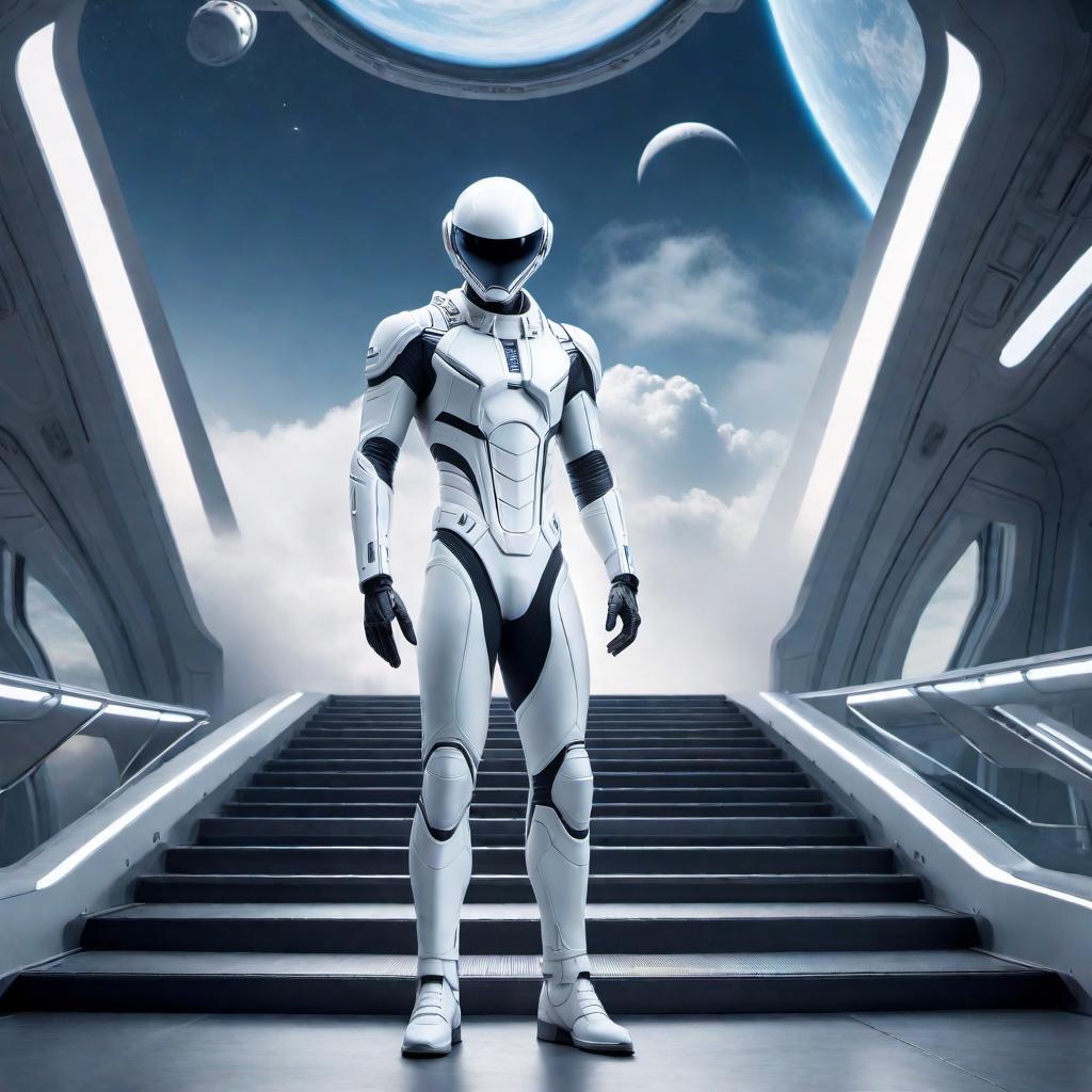  A tall white Nordic alien standing on the steps of a spaceship with his hand out, futuristic background, spaceship with steps, alien with humanoid features, serene and inviting expression. hyperrealistic, full body, detailed clothing, highly detailed, cinematic lighting, stunningly beautiful, intricate, sharp focus, f/1. 8, 85mm, (centered image composition), (professionally color graded), ((bright soft diffused light)), volumetric fog, trending on instagram, trending on tumblr, HDR 4K, 8K