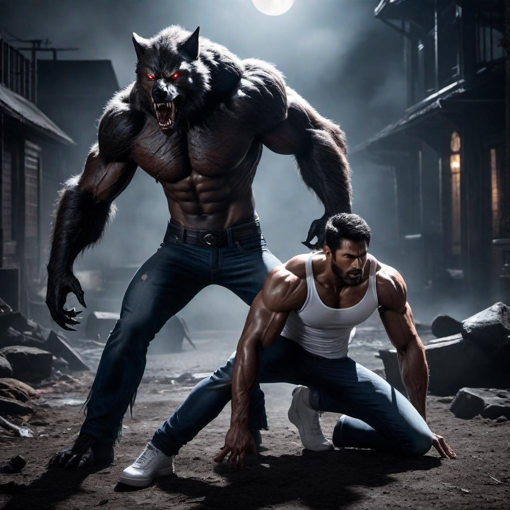  A large muscular werewolf wearing ripped jeans and a white T-shirt, snarling as he stands over a defeated rival. The scene is depicted in HD picture quality. The werewolf's eyes are glowing ominously, his claws are extended, and the surrounding environment conveys a sense of raw, intense energy. The defeated rival is lying on the ground, looking bruised and beaten. The background is dark and eerie, with shadows and moonlight adding to the dramatic effect. hyperrealistic, full body, detailed clothing, highly detailed, cinematic lighting, stunningly beautiful, intricate, sharp focus, f/1. 8, 85mm, (centered image composition), (professionally color graded), ((bright soft diffused light)), volumetric fog, trending on instagram, trending on tumblr, HDR 4K, 8K