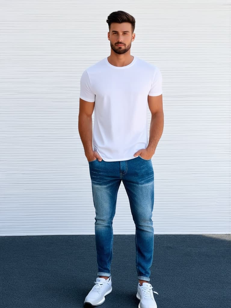  masterpiece, best quality, Masterpiece, ultra high definition, 8K. Front picture, full body. man standing in front of a white wall with nothing. Wearing a white short sleeve T shirt, jeans, and sneakers., photography, cinematic, photorealistic, detailed, realistic, 8k, uhd, high quality, surface details, textures, sharp focus, HDR, 8K, masterpiece, <lora:Perfect Hands:1.2> <lora:add detail xl:0.5> <lora:more details:0.8>