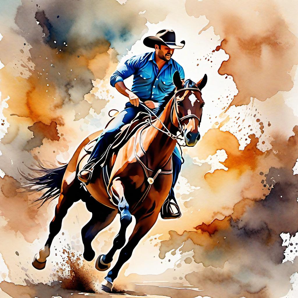  Create a watercolor painting of a man ridding a bucking horse at a rodeo. The background features soft, watercolor style splashes in earthy tones, giving the image an artistic and dreamy feel. Ensure the overall image has a delicate watercolor effect.