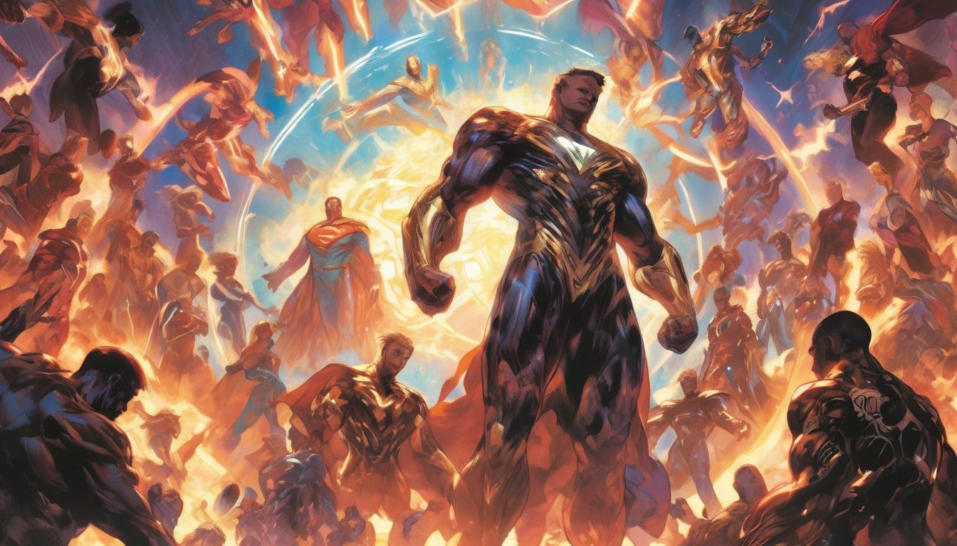  hyperrealism,fantasy aestheticFigures in a circle, energy lines flowing from their bodies, each figure glowing with intense light, celestial symbols above, radiant, powerful, unified, high tech clothing clad in sleek, futuristic costume with metallic accents and form fitting designs, marvel superhero comics style, unreal engine rendering