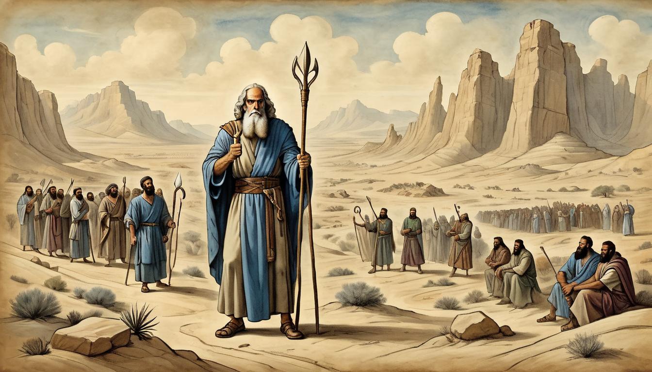  on parchment, surrealism+++, Moses with an intense, focused expression holding his staff, Israelites in background in various poses of suffering and hope, desert landscape, determination, calling(mysterious, provocative, symbolic,muted color)+++