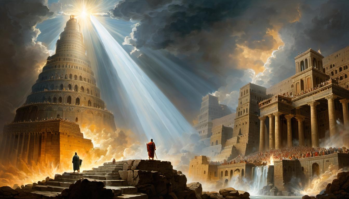  digital painting of A divine figure, radiating light, descending towards the Tower of Babel, workers and Nimrod looking up in shock and awe, sense of judgment, divine intervention, dramatic looking at viewer, dynamic pose, (intricate details, masterpiece, best quality)