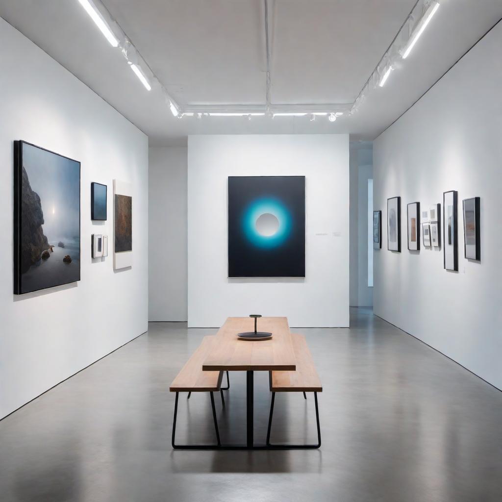  The interior of a low-budget art gallery. The space is modest and functional, with plain white walls. Several pieces of art are hung sparsely, showcasing a variety of styles. Simple frames and minimalistic displays are used to present the artwork. There are a few benches and chairs for visitors to sit and ponder. The lighting is basic but well-placed to highlight the art pieces. The floor is a polished concrete, and there are a couple of informational plaques next to some of the prominent pieces. The overall ambiance is simple, clean, and focused on the art. hyperrealistic, full body, detailed clothing, highly detailed, cinematic lighting, stunningly beautiful, intricate, sharp focus, f/1. 8, 85mm, (centered image composition), (professionally color graded), ((bright soft diffused light)), volumetric fog, trending on instagram, trending on tumblr, HDR 4K, 8K