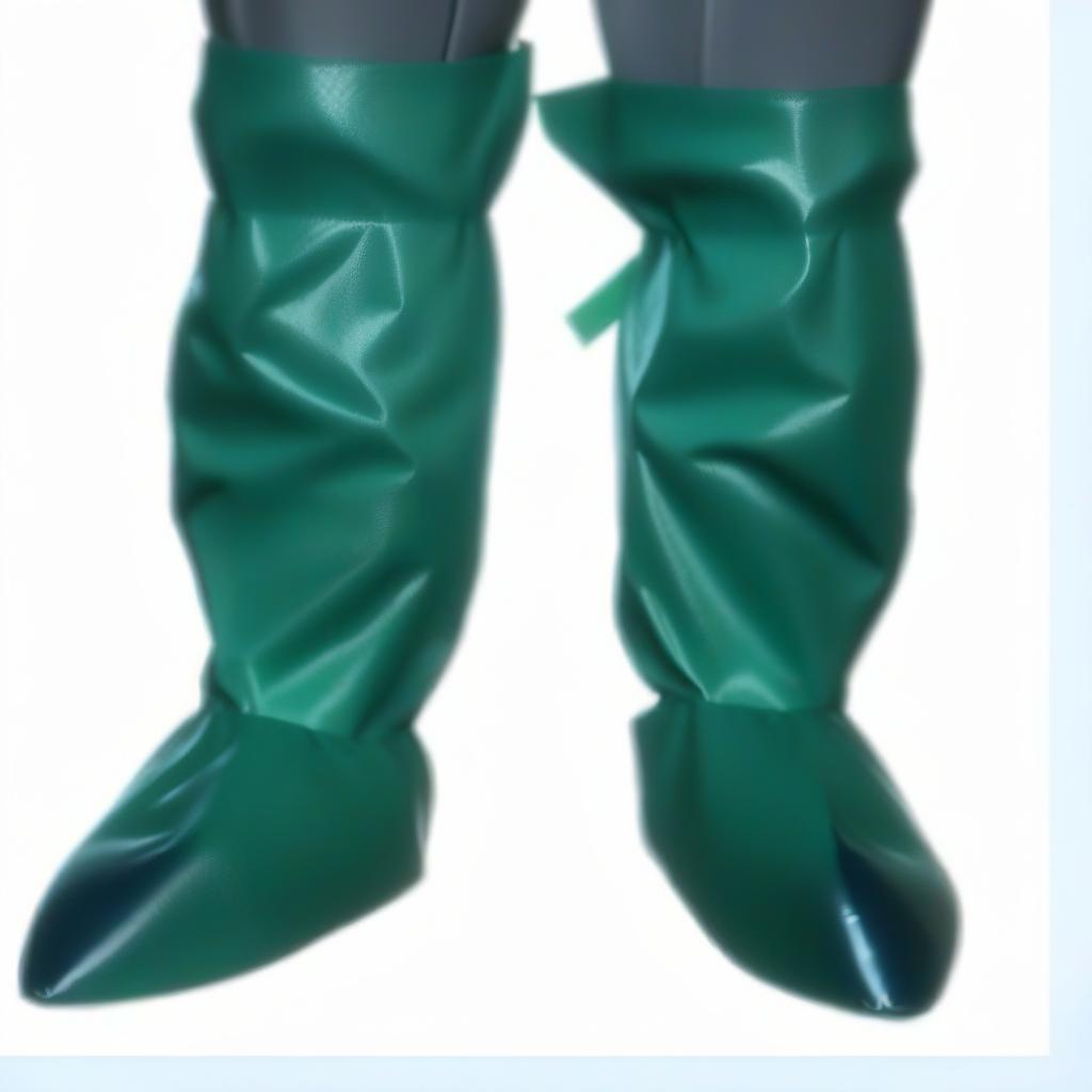  operating room shoes, high surgical shoe covers, knee high, with elastic cuffs, (the lower half from sole to ankle, from glossy latex dark green:1.3), (the upper half from ankle to knee, from glossy latex dark blue:1.5), (flat soled, without heels:1.2), front view, full face, full length hyperrealistic, full body, detailed clothing, highly detailed, cinematic lighting, stunningly beautiful, intricate, sharp focus, f/1. 8, 85mm, (centered image composition), (professionally color graded), ((bright soft diffused light)), volumetric fog, trending on instagram, trending on tumblr, HDR 4K, 8K