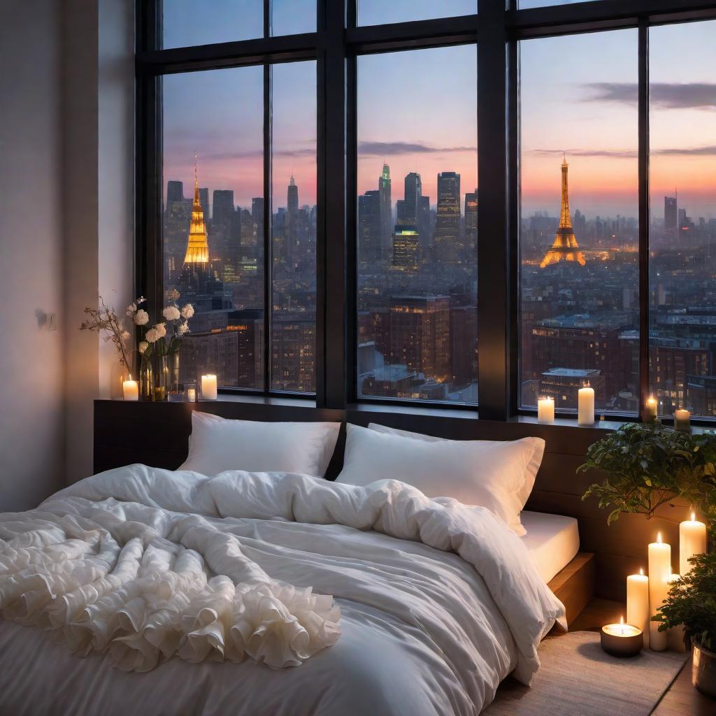  A cozy bedroom scene with a view of a city skyline at night through large windows. The bed has a ruffled duvet, looking soft and comfortable. Candles are placed on the floor, creating a warm and romantic atmosphere. The glow from the city buildings outside suggests an urban environment, enhancing the peaceful setting for relaxation or sleep. hyperrealistic, full body, detailed clothing, highly detailed, cinematic lighting, stunningly beautiful, intricate, sharp focus, f/1. 8, 85mm, (centered image composition), (professionally color graded), ((bright soft diffused light)), volumetric fog, trending on instagram, trending on tumblr, HDR 4K, 8K