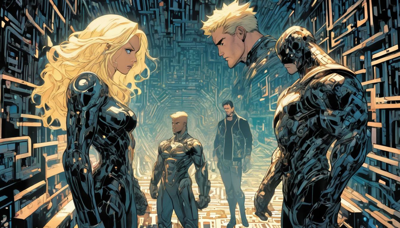  hyperrealism,fantasy aesthetic1woman1man, large busted attractive blonde arian female humanoid and handsome male humanoid, trapped in a maze of digital codes, looking confused, virtual background, dark tones., high tech clothing clad in sleek, futuristic costume with metallic accents and form fitting designs, marvel superhero comics style, unreal engine rendering