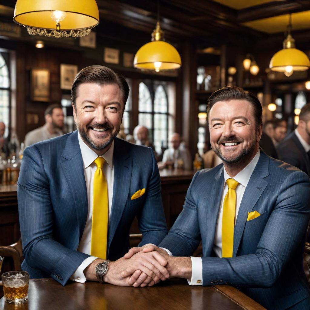  An image of a person wearing a blue pinstripe suit with a white shirt and yellow tie, shaking hands with Ricky Gervais in a pub setting. hyperrealistic, full body, detailed clothing, highly detailed, cinematic lighting, stunningly beautiful, intricate, sharp focus, f/1. 8, 85mm, (centered image composition), (professionally color graded), ((bright soft diffused light)), volumetric fog, trending on instagram, trending on tumblr, HDR 4K, 8K