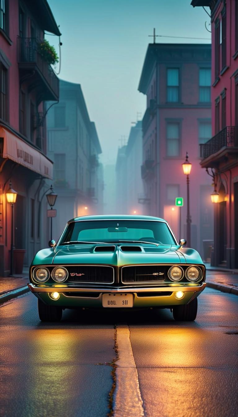  Professional 3D model of a classic muscle car in a cityscape at night. Octane render, highly detailed, volumetric, dramatic lighting. . Rendered with Octane, the model is highly detailed,dramatic lighting. hyperrealistic, full body, detailed clothing, highly detailed, cinematic lighting, stunningly beautiful, intricate, sharp focus, f/1. 8, 85mm, (centered image composition), (professionally color graded), ((bright soft diffused light)), volumetric fog, trending on instagram, trending on tumblr, HDR 4K, 8K