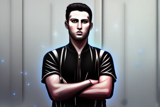 mdjrny-v4 style Anime style portrait of a young man with short, spiky black hair and blue eyes. He is wearing a black jacket over a white shirt, paired with dark jeans and combat boots. The background features an urban cityscape at dusk, illuminated by neon lights. Detailed and expressive, with a confident and determined look.