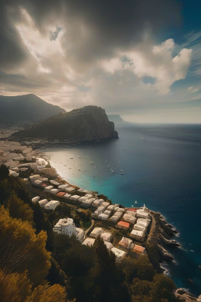  italy, capri coast, sea, sunny day, summer, sailing boat, realistic painting style, photography, clouds on the sky, like a dream, hyper detailed, masterpiece, hyperrealistic, high quality, sharp, highly detailed in Brooding landscapes, epic scale, German myth, layered symbolic density, pixel art, 32bits, , ultra realistic, depth of field, 8k, cinematic, cinematic lighting