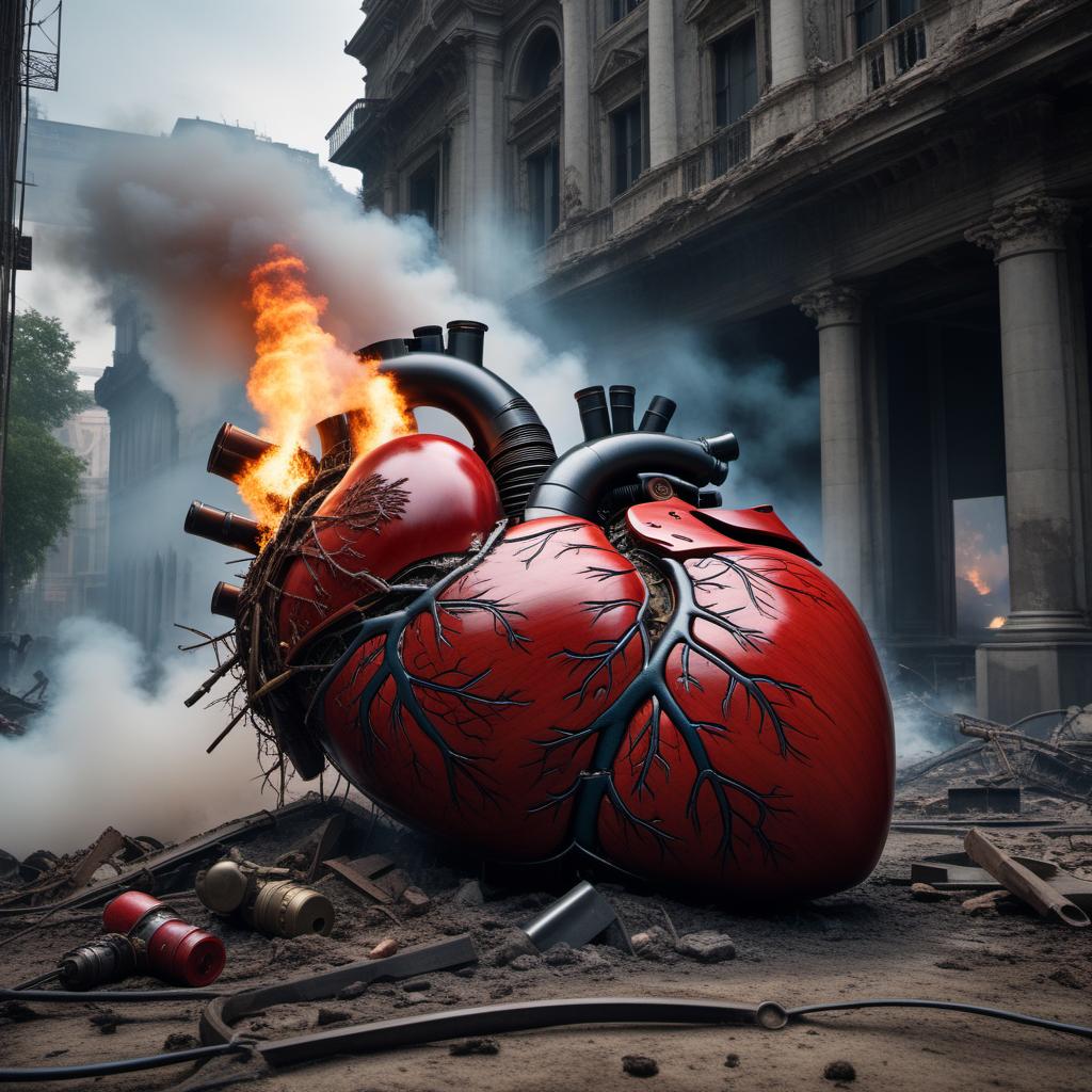  A human heart, realistic and beating, situated in the middle of a chaotic scene with the world at war. Soldiers, tanks, explosions, and ruined landscapes surround the heart, emphasizing the contrast between life and destruction. hyperrealistic, full body, detailed clothing, highly detailed, cinematic lighting, stunningly beautiful, intricate, sharp focus, f/1. 8, 85mm, (centered image composition), (professionally color graded), ((bright soft diffused light)), volumetric fog, trending on instagram, trending on tumblr, HDR 4K, 8K