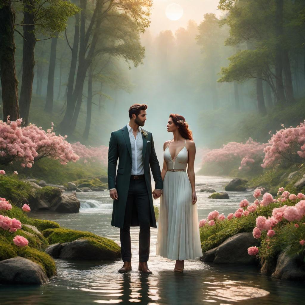  A Taurus romantic couple in a lofi fantasy scene. They stand in a tranquil, earthy setting surrounded by magical elements. The environment is imbued with serene, mystical features like floating lights, blooming flowers, and gentle streams. The scene exudes the soothing vibes of lofi beats and the intimate bond between the couple. The Taurus symbol is subtly integrated into the background. hyperrealistic, full body, detailed clothing, highly detailed, cinematic lighting, stunningly beautiful, intricate, sharp focus, f/1. 8, 85mm, (centered image composition), (professionally color graded), ((bright soft diffused light)), volumetric fog, trending on instagram, trending on tumblr, HDR 4K, 8K