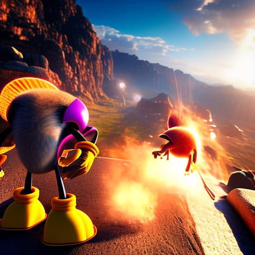  Sonic heroes hyperrealistic, full body, detailed clothing, highly detailed, cinematic lighting, stunningly beautiful, intricate, sharp focus, f/1. 8, 85mm, (centered image composition), (professionally color graded), ((bright soft diffused light)), volumetric fog, trending on instagram, trending on tumblr, HDR 4K, 8K