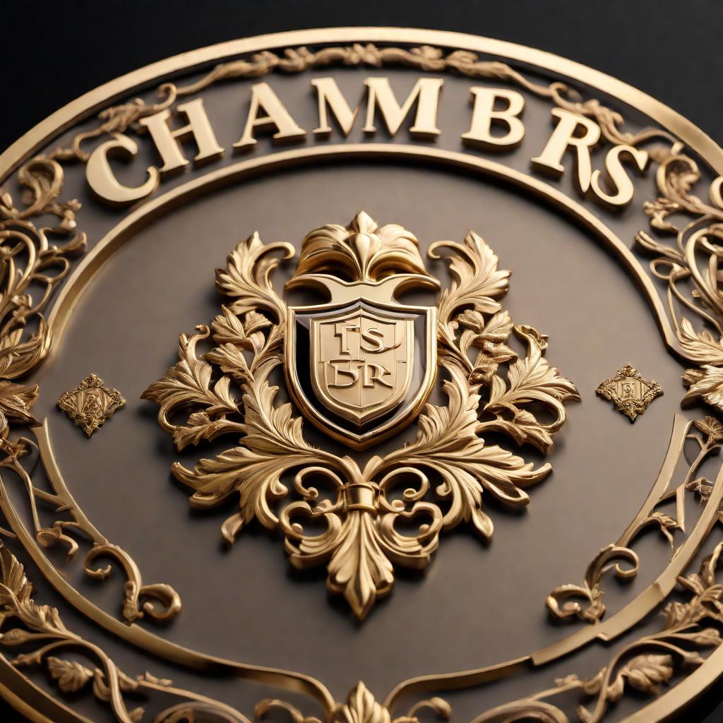  A luxurious 3D logo for the brand 'CHAMBERS' with the text in an elegant, serif font. The logo should be in gold color, giving an opulent and premium feel. The design should be suitable for both digital and print use and should reflect sophistication and exclusivity. The 3D effect should make the logo stand out prominently with polished gold finish and shadows to add depth. hyperrealistic, full body, detailed clothing, highly detailed, cinematic lighting, stunningly beautiful, intricate, sharp focus, f/1. 8, 85mm, (centered image composition), (professionally color graded), ((bright soft diffused light)), volumetric fog, trending on instagram, trending on tumblr, HDR 4K, 8K