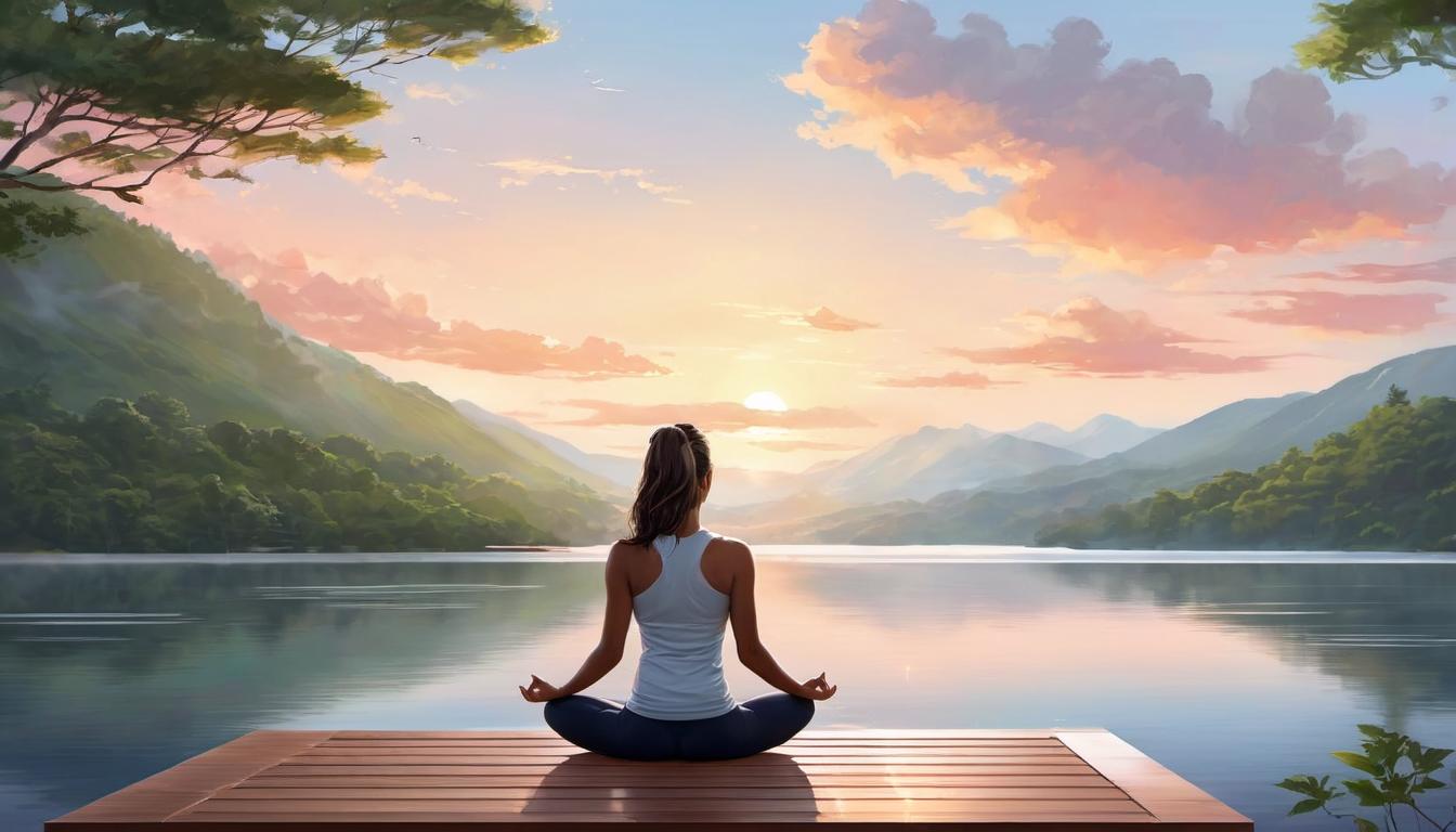  digital illustration, 1woman, practicing yoga on a wooden deck at sunrise, overlooking a tranquil lake, sleek modern outfit, focused posture, sense of balance, concentrated, poised serenity, looking at viewer, dynamic pose, (intricate details, masterpiece, best quality)