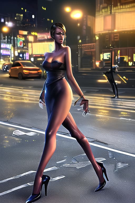  Gorgeous thin woman, strutting confidently in high heels, urban city street, dynamic street lighting, PhotoReal photography style, 8K quality.