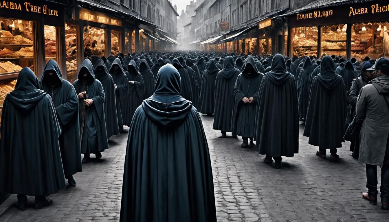  （surrealism)A figure in a cloak blending into a crowded marketplace, observing without engaging, hidden yet present, silent observer, anonymity in the bustle mystic, intricate details, best quality)