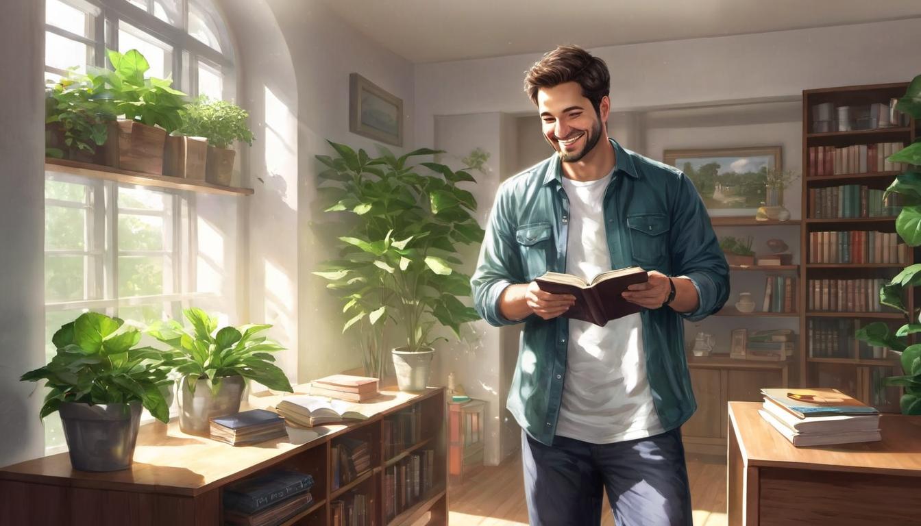  digital illustration, 1man, standing in front of a mirror, reflection showing him smiling confidently, casual attire with rolled up sleeves, background shows a neatly organized room with books and plants, sunlight streaming through a window, authenticity, self acceptance, warmth, looking at viewer, dynamic pose, (intricate details, masterpiece, best quality)