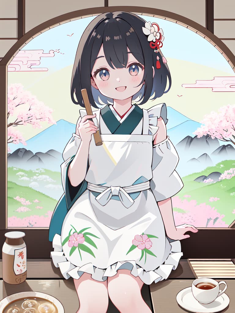  Japanese Painting Style, FRILL APRON, BARE SHOULDER, CARRY A TRAY, HAPPY SMILE, Japanese Cafe, Best Quality: 1.4, ULTRA DETALED EXTURE, Raw PhotOREALISTIC, Absurd Resolution, 8k Illustration, 💩, 💩, 💩, 💩, 💩, 💩,, masterpiece, best quality,8k,ultra detailed,high resolution,an extremely delicate and beautiful,hyper detail