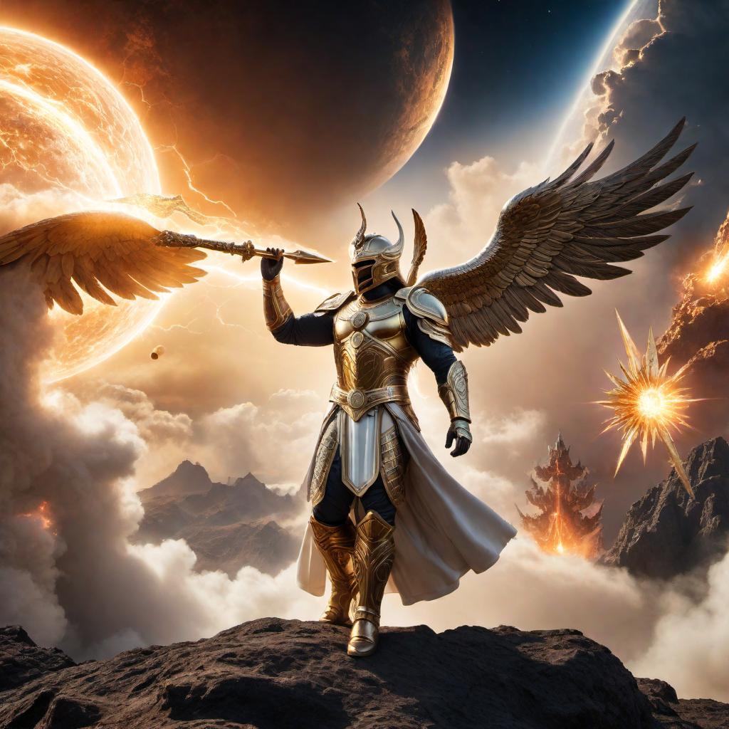  An epic and dramatic scene of gods and angels engaged in a fierce battle over Earth, with powerful energy beams and divine powers clashing in a cosmic setting. hyperrealistic, full body, detailed clothing, highly detailed, cinematic lighting, stunningly beautiful, intricate, sharp focus, f/1. 8, 85mm, (centered image composition), (professionally color graded), ((bright soft diffused light)), volumetric fog, trending on instagram, trending on tumblr, HDR 4K, 8K