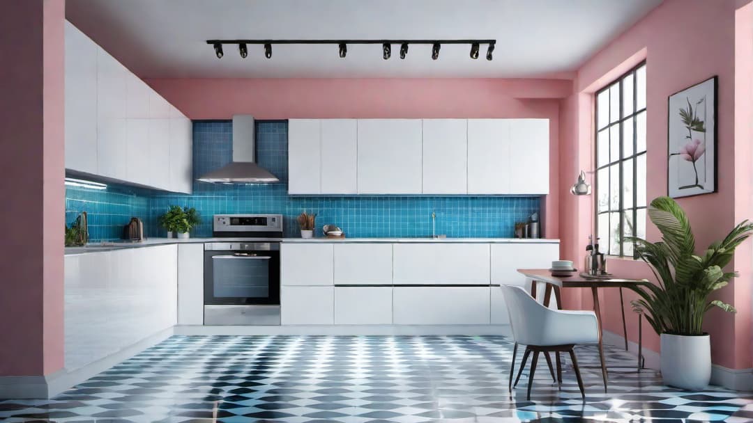  80's home interior kitchen with chrome accents, modern appliances, glossy white cabinets, sleek chrome handles, vintage 80's aesthetic, blue and pink checkered tile floor, pastel appliances, bright fluorescent lighting hyperrealistic, full body, detailed clothing, highly detailed, cinematic lighting, stunningly beautiful, intricate, sharp focus, f/1. 8, 85mm, (centered image composition), (professionally color graded), ((bright soft diffused light)), volumetric fog, trending on instagram, trending on tumblr, HDR 4K, 8K