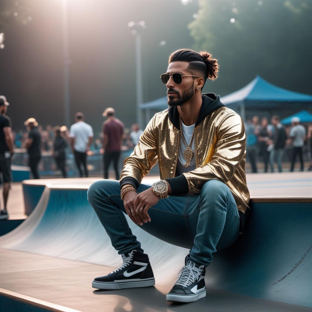  Man at skatepark wearing very shiny diamond jewelry hyperrealistic, full body, detailed clothing, highly detailed, cinematic lighting, stunningly beautiful, intricate, sharp focus, f/1. 8, 85mm, (centered image composition), (professionally color graded), ((bright soft diffused light)), volumetric fog, trending on instagram, trending on tumblr, HDR 4K, 8K