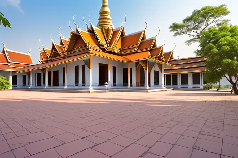  A very wide area is the ground outside a very old Thai palace.