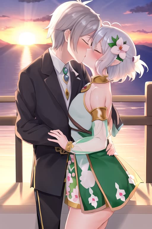  couple,kiss,(kokkoro:1.3), (masterpiece), (highest quality), (intricate), (high detail),Sunset, sunset behind her, sunset background, masterpiece, best quality, high quality, solo