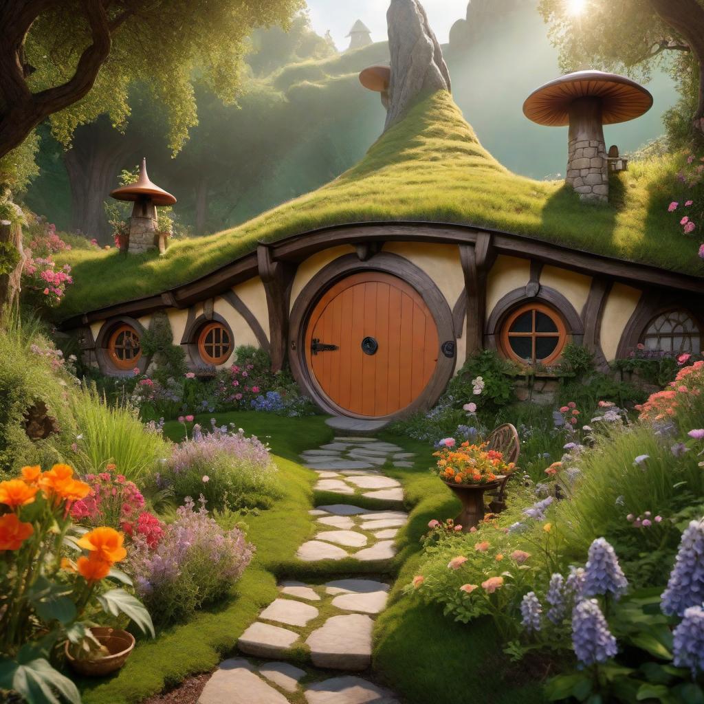  A whimsical and cozy background scene featuring a Hobbit house. The scene includes a table set outside, surrounded by lush greenery and colorful flowers. The Hobbit house has a round door and windows, with a charming rustic look and earthy hill-like roof. The setting is early morning or late afternoon, with warm and inviting lighting. Fantasy elements like winding paths, small lanterns, glowing mushrooms, and enchanted garden décor are included. The overall style is fantastical and fairytale-like, evoking a sense of wonder and enchantment. hyperrealistic, full body, detailed clothing, highly detailed, cinematic lighting, stunningly beautiful, intricate, sharp focus, f/1. 8, 85mm, (centered image composition), (professionally color graded), ((bright soft diffused light)), volumetric fog, trending on instagram, trending on tumblr, HDR 4K, 8K