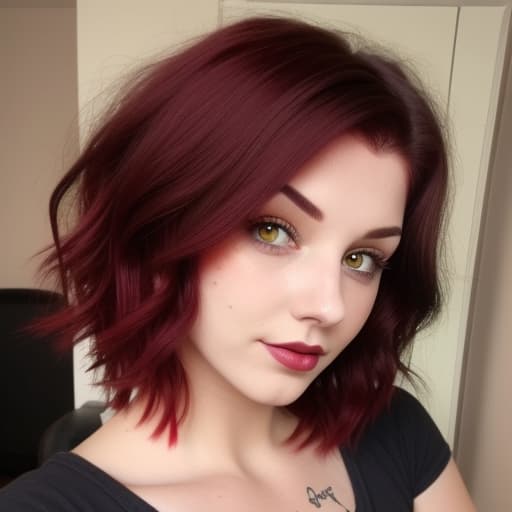  Dyed short dark red hair wavy with green eyes and a nose piercing Funny