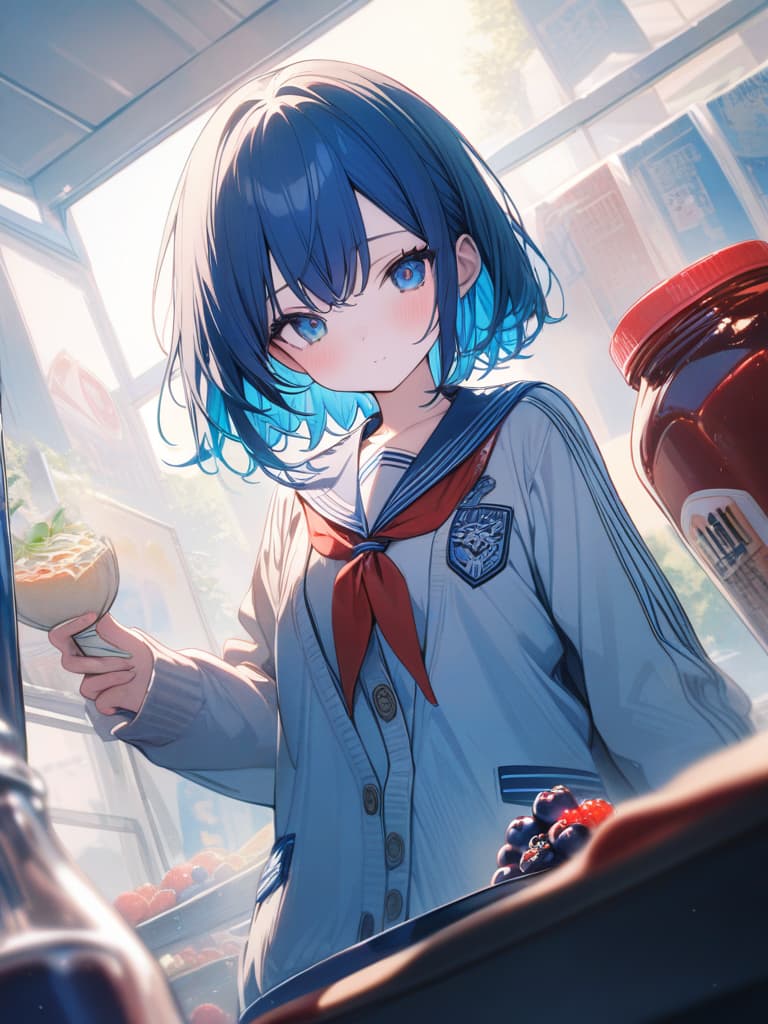  Cute, , blue hair, blue eyes, short bob, thin body, white skin, sauce, , blueberry decoration, cardigan, sailor suit, , masterpiece, best quality,8k,ultra detailed,high resolution,an extremely delicate and beautiful,hyper detail