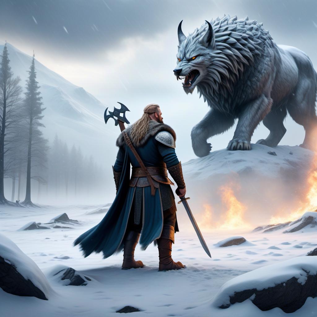  concept art I need an image in the Viking and Scandinavian style. The image should depict a Viking Berserk in a bear skin on a battlefield. The battlefield is experiencing a snowy and bright blizzard. In the background, there is a mythmaking monster resembling a human but it is actually a wolf. . digital artwork, illustrative, painterly, matte painting, highly detailed hyperrealistic, full body, detailed clothing, highly detailed, cinematic lighting, stunningly beautiful, intricate, sharp focus, f/1. 8, 85mm, (centered image composition), (professionally color graded), ((bright soft diffused light)), volumetric fog, trending on instagram, trending on tumblr, HDR 4K, 8K