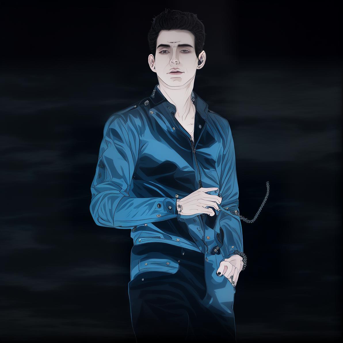 mdjrny-v4 style Anime style portrait of a young man with short, spiky black hair and blue eyes. He is wearing a black jacket over a white shirt, paired with dark jeans and combat boots. The background features an urban cityscape at dusk, illuminated by neon lights. Detailed and expressive, with a confident and determined look.