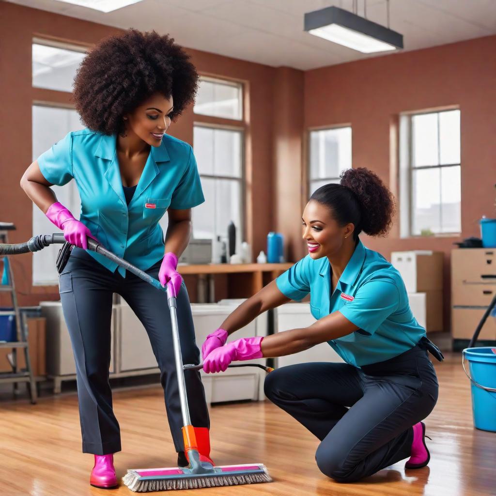  A vibrant, animated-style logo for a commercial cleaning company. Include a black man and a black woman. The man is stripping and waxing a shiny floor with a mop and bucket, and the woman is power-washing a house. The scene is colorful and dynamic, designed to catch the eye and look great on a T-shirt. Both characters should be in professional cleaning uniforms with the company's name visible on their shirts. hyperrealistic, full body, detailed clothing, highly detailed, cinematic lighting, stunningly beautiful, intricate, sharp focus, f/1. 8, 85mm, (centered image composition), (professionally color graded), ((bright soft diffused light)), volumetric fog, trending on instagram, trending on tumblr, HDR 4K, 8K