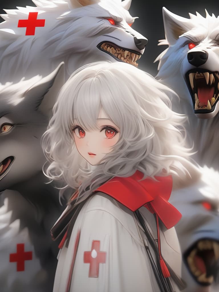  ((white fluffy werewolf only、anthropomorphic wolf only、1 man with the head of a wolf))、claw hands、from behind、looking back、(white trench coat with a red cross pattern on the back)、best quality:1.4、masterpiece:1.4、ultra detailed texture、RAW photorealistic、absurd resolution、8K illustration、💩、💩、💩、💩、💩、, masterpiece, best quality,8k,ultra detailed,high resolution,an extremely delicate and beautiful,hyper detail