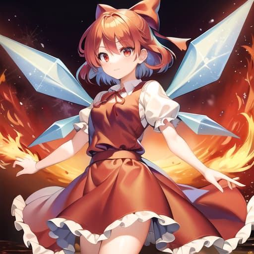  master piece , best quality,1girl, cirno (touhou), short hair, red hair, fire wings, fairy wings, red eyes, bangs, white shirt, collared shirt, puffy short sleeves, red dress, pinafore dress, blue ribbon, neck ribbon, red bow, green bow, hair bow, bow,