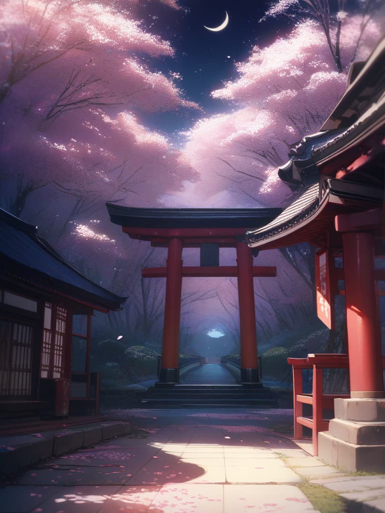  Scenery, Senbon Torii, cherry blossom petals, crescent moon, night, masterpiece, best quality,8k,ultra detailed,high resolution,an extremely delicate and beautiful,hyper detail